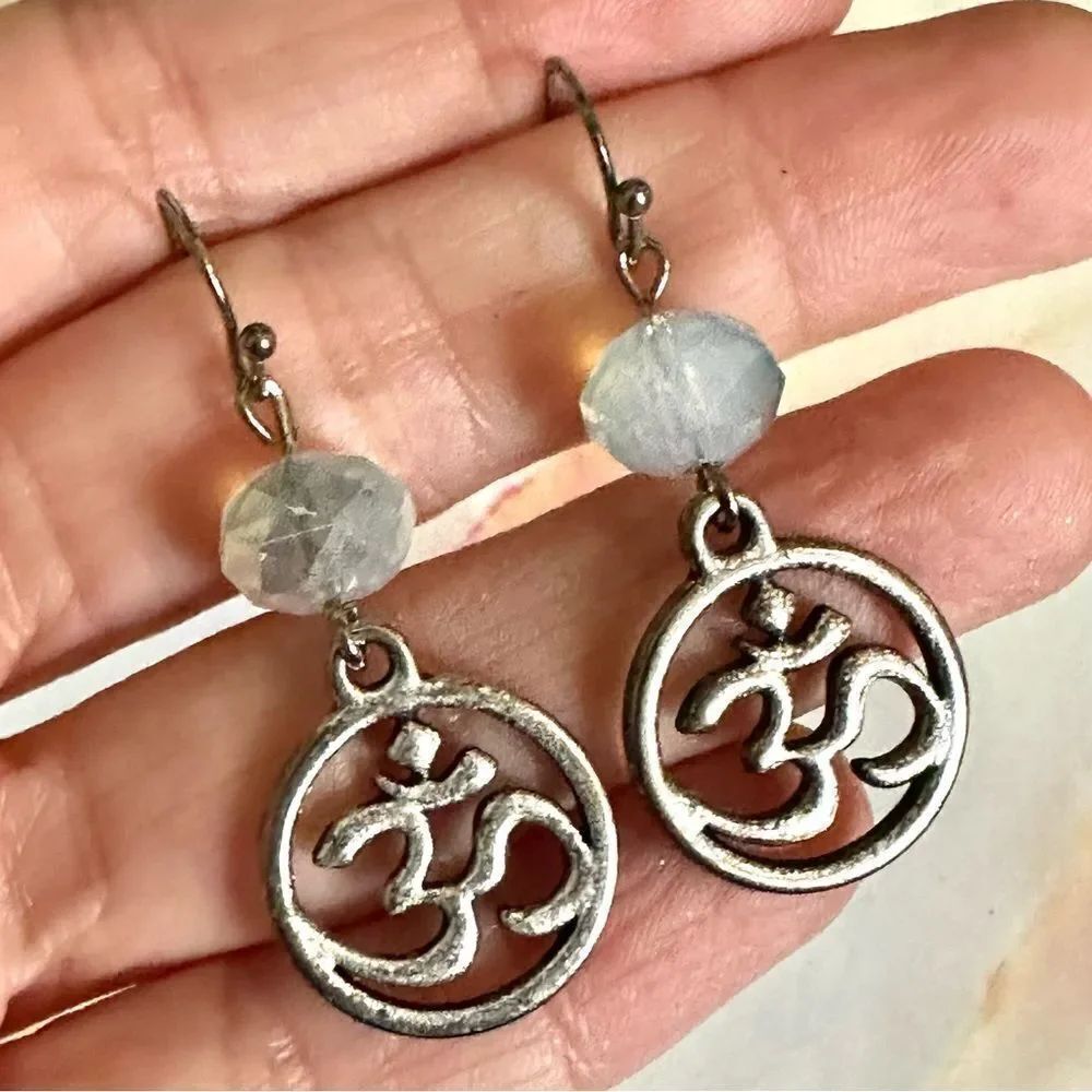 Blue silver tone OM drop earrings